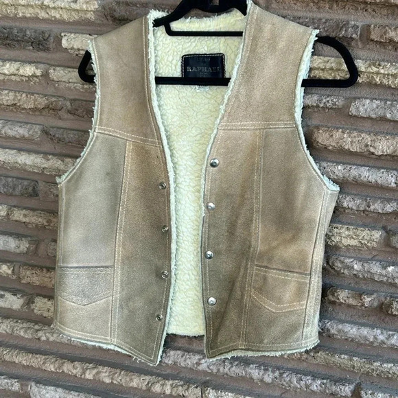 Vintage Leather by Rapael Suede Sherpa Lined Snap Front Rancher Vest Medium - Picture 6 of 6